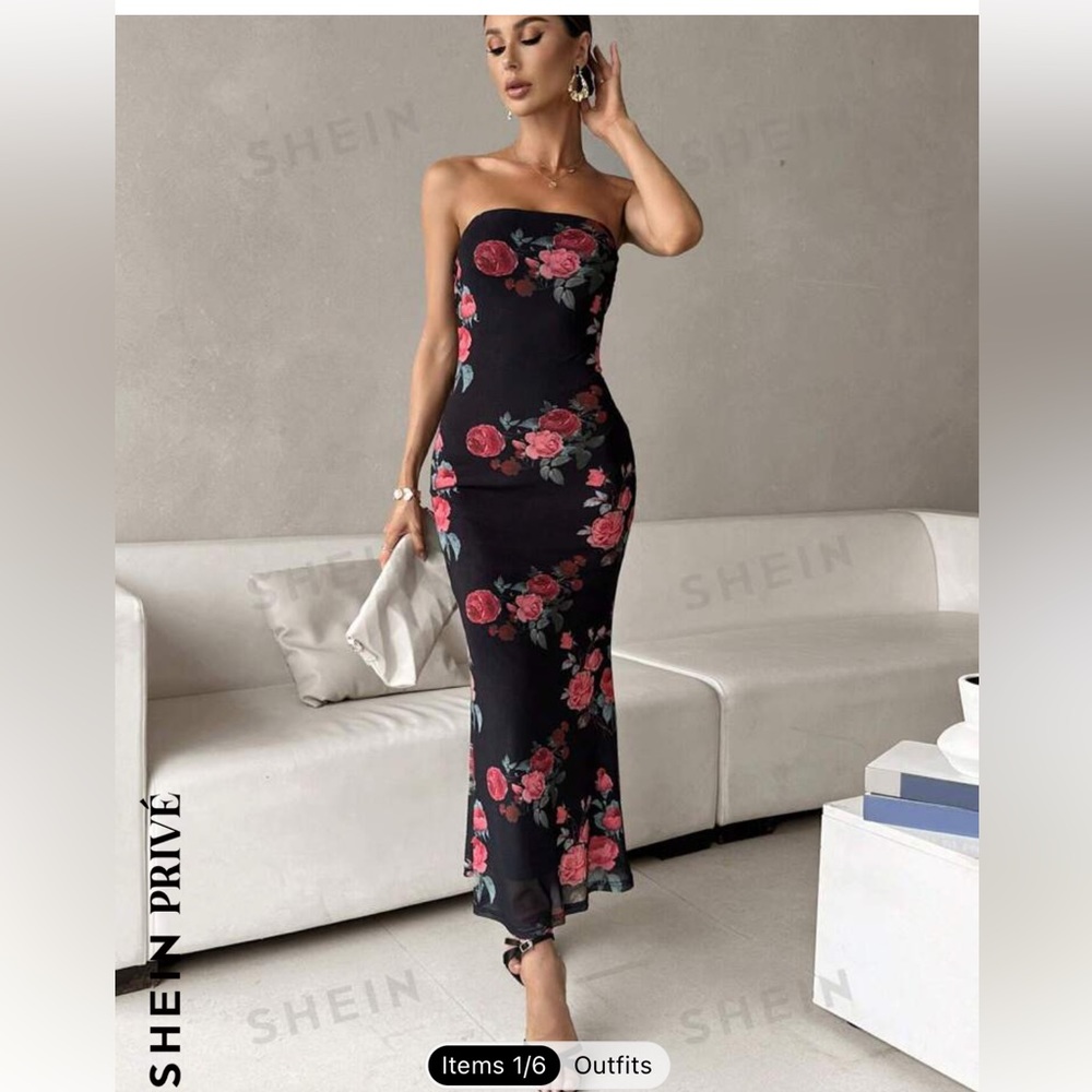 SHEIN Privé Floral Print Mermaid Hem Tube Dress